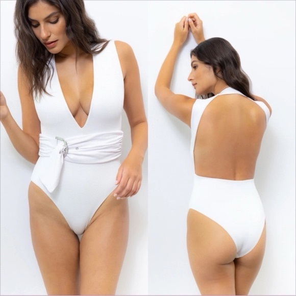Revel Rey White Plunge One-Piece Swimsuit - Picture 1 of 10
